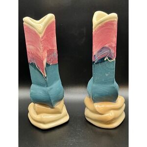Signed Art Pottery Vases Unique Sculptural Design Home Decor Set of 2 7" Tall‎